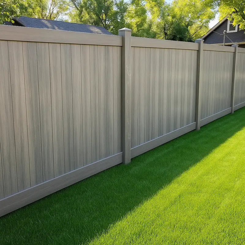 Tan Vinyl Privacy Fence Tan beige vinyl privacy fence along a bright green backyard lawn in Saskatoon