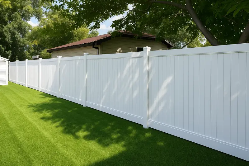 White Vinyl Backyard Fence White vinyl privacy fence enclosing a green backyard lawn in Saskatoon Saskatchewan
